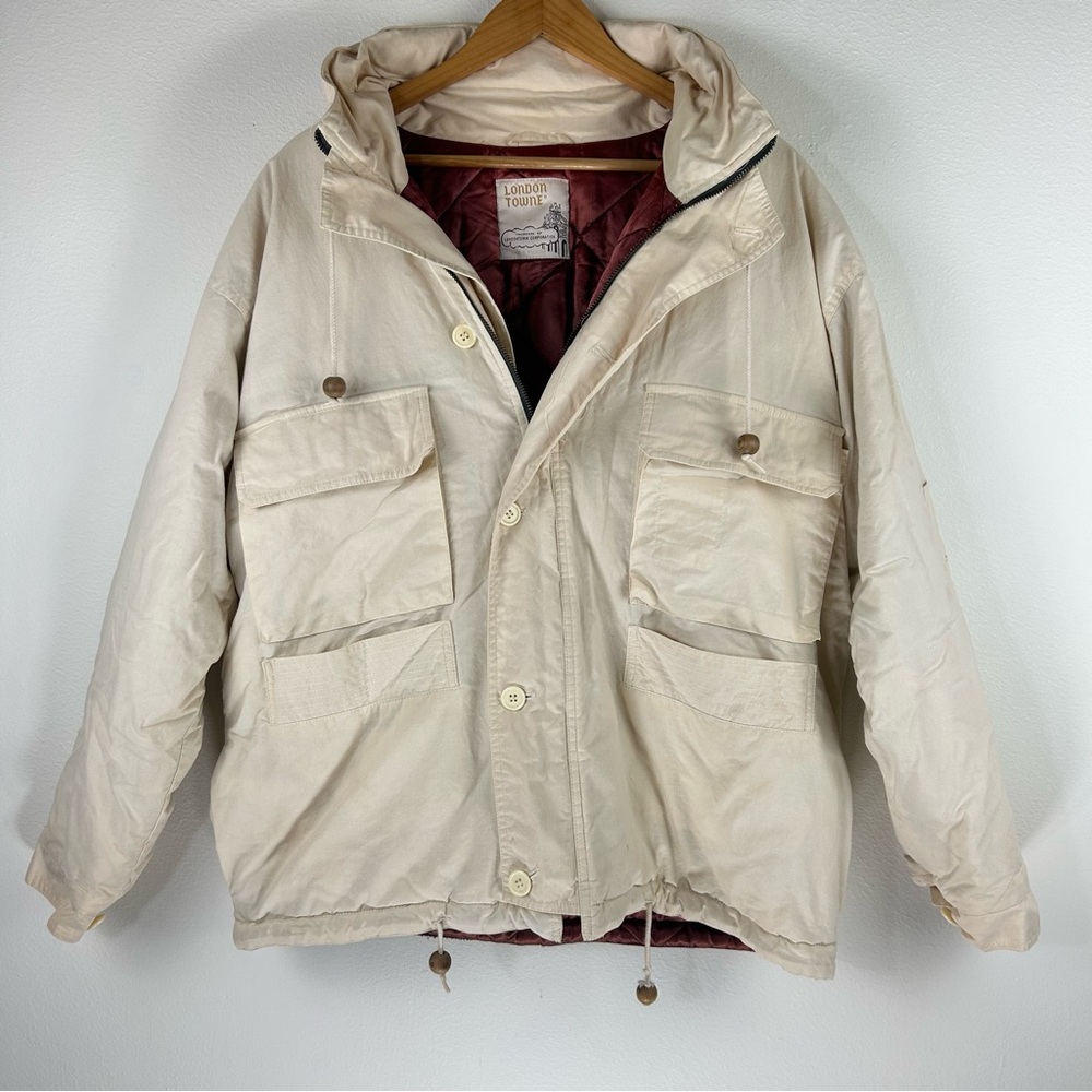 Vtg Gorpcore London Towne Cream Boxy Utility Parka with Fold in Hood Size 42